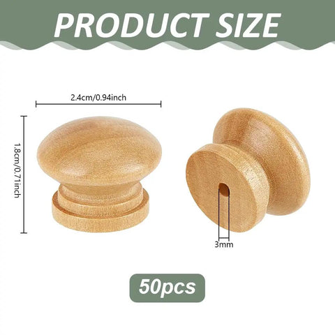 Pack Of Fifty Unfinished Wood Drawer Knobs In Classic Mushroom Shape One Inch Cabinet Handles and Furniture Pulls, 0.94 inch wide.