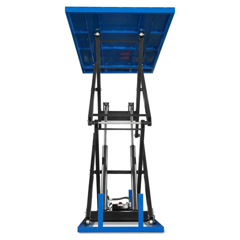 Heavy Duty Wireless Remote Electric Scissor Lift Table With 2200 Lb Capacity, massive 86 inch platform from below with hydraulic system.