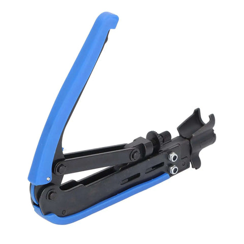 Coaxial Cable Crimping Pliers Set For RG6 RG59 RG11 F Connectors tool with blue handle, adjustable crimper and stripper kit.