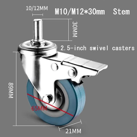 Heavy Duty Swivel Caster Wheels With Locking Brakes Set Of Four Threaded Stem 2.5-inch quiet rubber units for carts.
