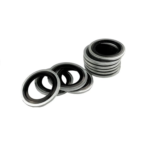 Stack of oil washers from All In One Automotive Bonded Seal Kit, 150 Piece Self Centered Gasket And Oil Washer Set In Zinc Plated Iron.
