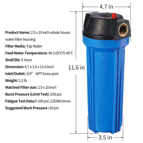 10 Inch Blue Whole House Water Filter Housing With Three Quarter Inch Brass Port Air Relief Valve Slim Two Point Five By Ten Inch Fits Standard Cartridges Housing Only Includes Wrench And Bracket
