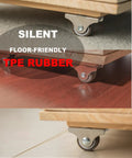 1 Inch Rigid Caster Wheels 4 Pack Non Swivel Single Direction Low Profile Silent TPE Rubber shown on various floor surfaces.