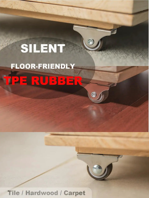 1 Inch Rigid Caster Wheels 4 Pack Non Swivel Single Direction Low Profile Silent TPE Rubber shown on various floor surfaces.