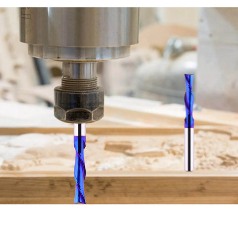 Spiral CNC Router Bit Down Cut Quarter Inch Shank Solid Carbide End Mill For Wood Carving And Engraving With Blue Nano Coated Finish