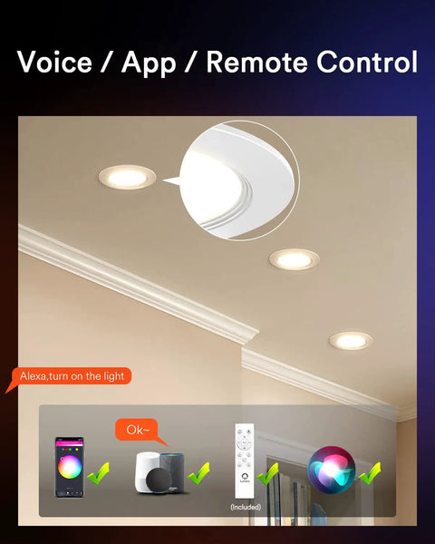 4 Pack Canless 4 Inch Smart LED Recessed Downlights, 9W RGBWW Ceiling Lights with WiFi and Bluetooth, in ceiling view with app control