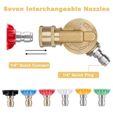 Pivoting Pressure Washer Adapter Kit With 240 Degree Rotation Gutter Cleaner Attachment Seven Nozzle Tips With Holder Quarter Inch Quick Connect Up To 4500 PSI Perfect For Car Washin And Reaching Tight Gutter Nooks display with seven colored nozzle tips