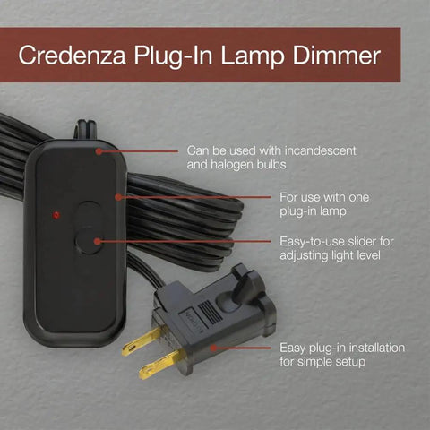 Credenza Plug-In Dimmer for Incandescent and Halogen Lamps With Locator Light shown with cord and plug, easy slide control, black.