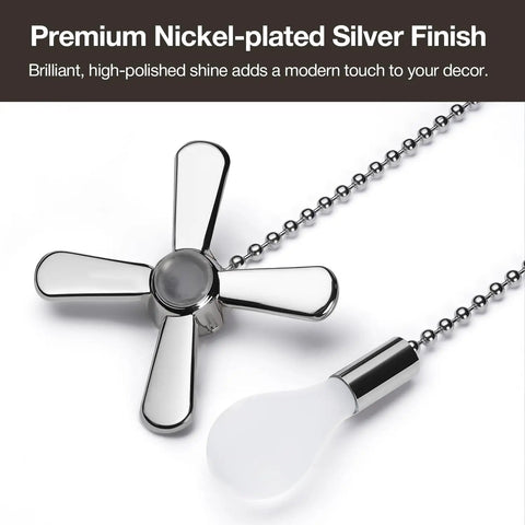 Sweet Copper Ceiling Fan Pull Chain Extender Set With Frosted Glass Bulb And Blade Charm Ornament Silver Tone For Easy Peasy Diy Installation showing a silver fan blade and glass bulb.