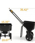Walk Behind And Tow Behind Broadcast Spreader With A 70 Pound Hopper, side view showing dimensions, ideal for fertilizer use