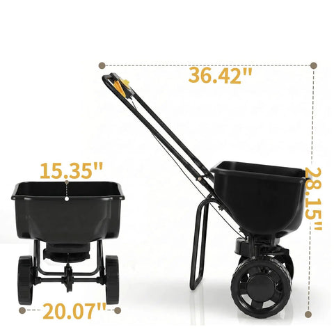 Outdoor Broadcast Lawn Spreader 70 Lbs Capacity Walk Behind Push Spreader With Hopper Grate and Large Wheels, Dimensions Shown