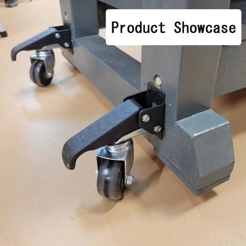 Heavy Duty Retractable Casters For Workbenches 4 Pack Stepdown Polyurethane Wheels With Stainless Steel Brackets close-up of foot pedal and caster