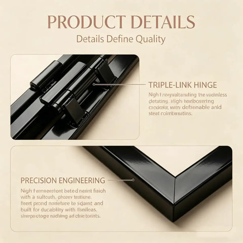 Close-up of invisible tileable access panel for drywall, highlighting black triple-link hinge details and precision engineering.
