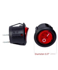 Side and front view of red 2 Pack Power Start Buttons Or Light Switches For Kids Ride On Toy Cars On Off Replacement Parts, diameter 0.9 inches