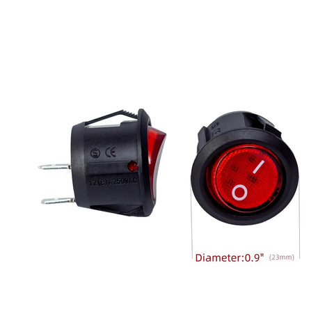 Side and front view of red 2 Pack Power Start Buttons Or Light Switches For Kids Ride On Toy Cars On Off Replacement Parts, diameter 0.9 inches