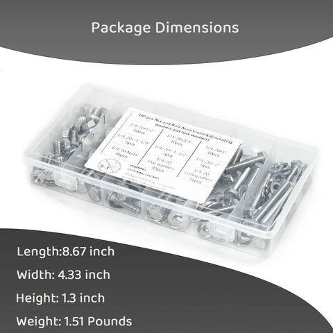 LUPANTER 180-piece SAE stainless steel nut and bolt kit in clear plastic box with 1/4-20 hex bolts and washers