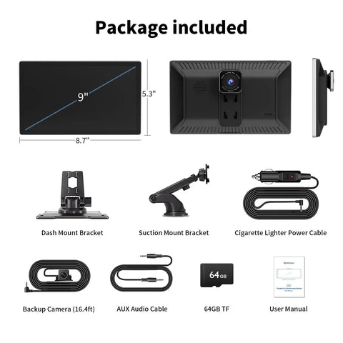 Package contents of 9 Inch Wireless Apple CarPlay And Android Auto Dash Receiver With 4K Dash Cam And 1080p Backup Camera DVR