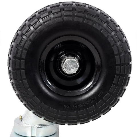 Close-up of 10 Inch Dual Wheel Swivel Caster with Flat Free Pu Foam Tires, highlighting tread pattern and plate mount.