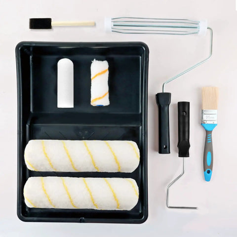 All In One 9 Piece Paint Roller Set With 9 Inch And 4 Inch Microfiber Rollers Brushes Tray Sponge Brush Sleeves For Walls Ceilings Cabinets DIY Painting Kit Pro Grade displayed with all components on a tray
