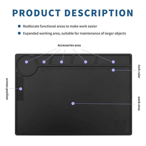 Black Silicone Soldering Mat For Electronic Repairs, Heat Resistant And Flexible Work Surface with labeled areas