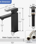 Dimensions of Black Single Hole Bathroom Faucet With One Handle Vanity Faucet Matte Finish For Sink 1 Hole Kit Includes Metal Drain Deck Plate Overflow And Water Supply Line No Hassle Install