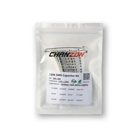 Front view of 1206 SMD Ceramic Capacitor Assortment Kit, 240 Pieces, 12 Values MLCC, 100 PicoFarad To 22 MicroFarad packaging