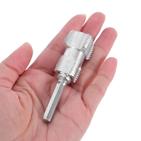 Heavy Duty Electric Drill Pipe Threader Tool With Alloy Inner Hole Threading Cutter For Fast Hose Pipe Repair And Plumbing Jobs shown in hand