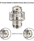 SO239 UHF Female To Female Chassis Mount Connector with 4 Hole Flange, Brass Nickel Plated, PTFE Insulator, Front View