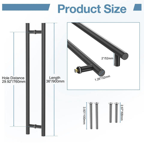 36 Inch Push Pull Door Handle Beefy Double Sided Long Barn Door Pull Handle Heavy Duty 304 Stainless Steel For Wood Glass And Metal Doors Ideal For Home Office And Commercial Use Round Bar product size diagram