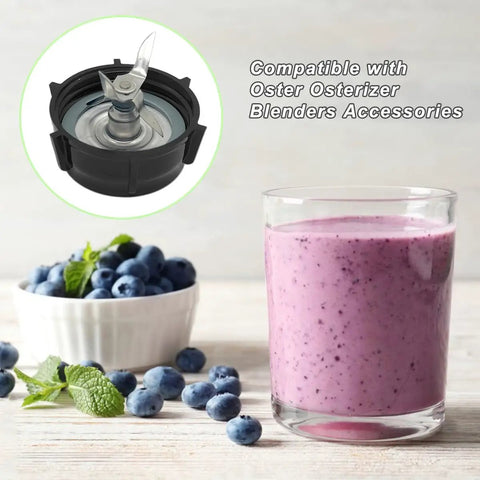 Replacement Beefed Up Ice Crusher Blade Kit With Jar Base Cap shown with blueberry smoothie and bowl of blueberries