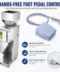 Smooth Operator Automatic Bag Weighing And Packing Filler with foot pedal for quick hands-free operation and stainless steel design.