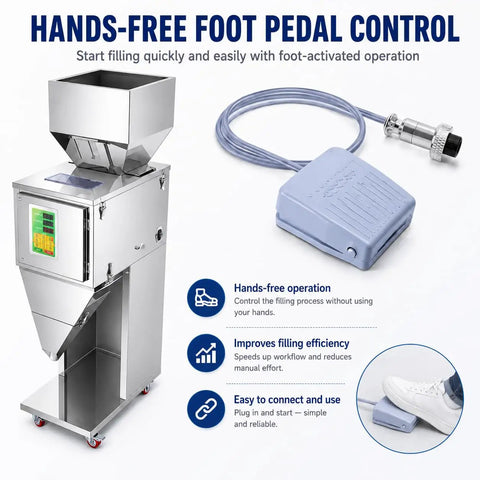 Smooth Operator Automatic Bag Weighing And Packing Filler with foot pedal for quick hands-free operation and stainless steel design.