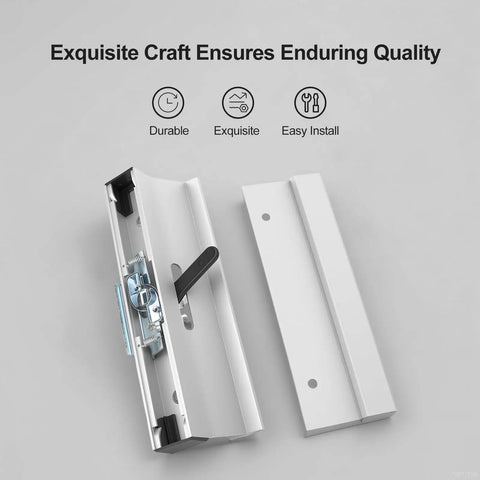 Clamp Style Aluminum Sliding Patio Door Handle Set With White Woodgrain Finish 4 15/16 Inch Center To Center Hole Spacing Replacement For Sliding Glass Doors Easy Install Durable Surface Mount Hardware, shown disassembled.