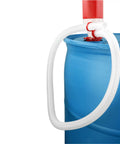 Heavy Duty Manual Drum Siphon Pump Works Like A Charm With Forty Eight Inch Flexible Hose on blue barrel, red and clear hose attachment.