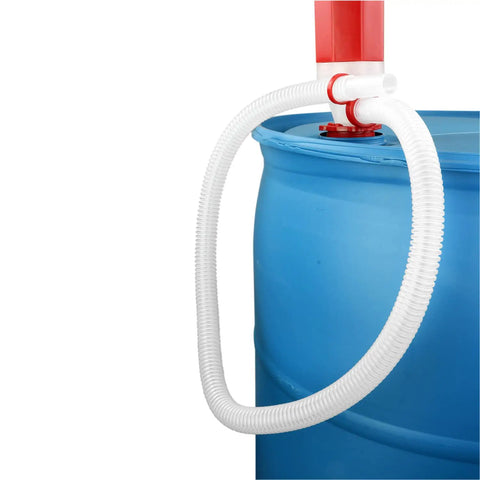 Heavy Duty Manual Drum Siphon Pump Works Like A Charm With Forty Eight Inch Flexible Hose on blue barrel, red and clear hose attachment.