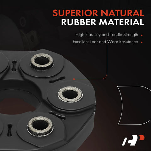 A-Premium drive shaft flex joint/propshaft coupling, black rubber housing with metal bushings (close-up)