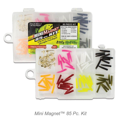 Mini Jig Kit For Trout And All Freshwater Fish 85 Piece Set With 70 Grub Bodies And 15 Size 14 Hooks in a tackle box