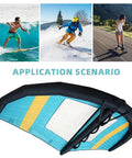 Inflatable Wing Surfboard With 5 Meter Handheld Wing Foil Kite Window For Windsurfing Kiteboarding And Board Sports shown in various settings.