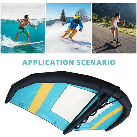 Inflatable Wing Surfboard With 5 Meter Handheld Wing Foil Kite Window For Windsurfing Kiteboarding And Board Sports shown in various settings.