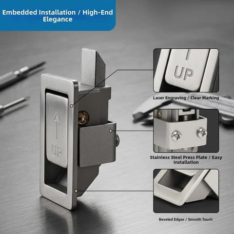 304 Stainless Steel Flat Push Button Lock for electrical cabinets and industrial panels, spring loaded latch, brushed finish