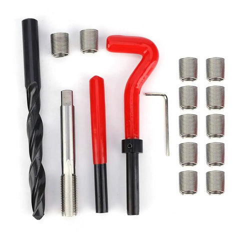 Stainless Steel Thread Repair Kit for M12x1.25 Threads, All In One Tap Insert Tool Set with drill, tap wrench, and inserts visible
