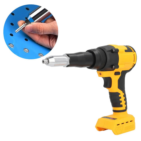 Heavy Duty Cordless Electric Rivet Gun With Brushless Motor And Integrated Led Light For 3.2 To 4.8 mm Fasteners. Handheld tool in use.