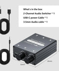Two Channel 3.5mm Stereo Audio Mixer With Dual Volume Knobs Aluminum Shell 2 In 1 Out and included cables in the box