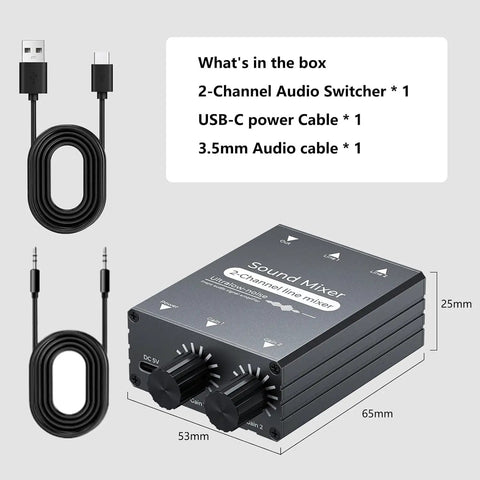 Two Channel 3.5mm Stereo Audio Mixer With Dual Volume Knobs Aluminum Shell 2 In 1 Out and included cables in the box