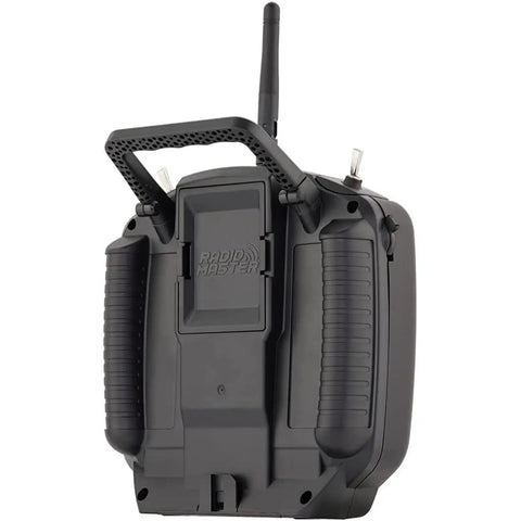 Rear angle of TX12 MkII ELRS 16CH OpenTX EDGETX Multi-Module Radio Transmitter, handheld with antenna and ergonomic grips.
