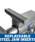 Close-up of Heavy Duty Mechanics Bench Vise 8 Inch Jaw Width with replaceable steel jaw inserts for enhanced grip.