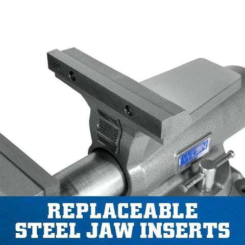 Close-up of Heavy Duty Mechanics Bench Vise 8 Inch Jaw Width with replaceable steel jaw inserts for enhanced grip.