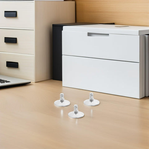 Heavy Duty Adjustable Furniture Leveling Feet on desk, silver swivel base for stable couches and cabinets.
