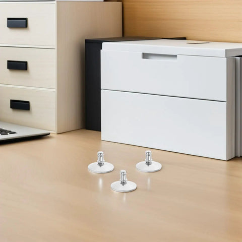 Heavy Duty Adjustable Furniture Levelers With 12 Piece Wobble Free Swivel Base For Tables Cabinets And Chairs Noise Reducing Plastic Metal Feet No Skid Tight Setup on desk with office drawers in background.