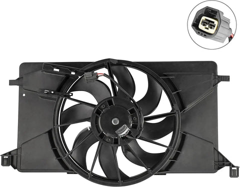 Premium Grade Radiator And AC Condenser Cooling Fan Assembly For Ford Focus 2012 To 2018 With 2.0L Motor top view with connector.